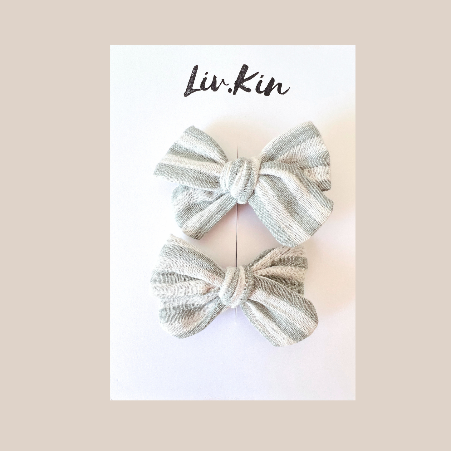 Pigtail Bow Set In Sage Linen Stripe