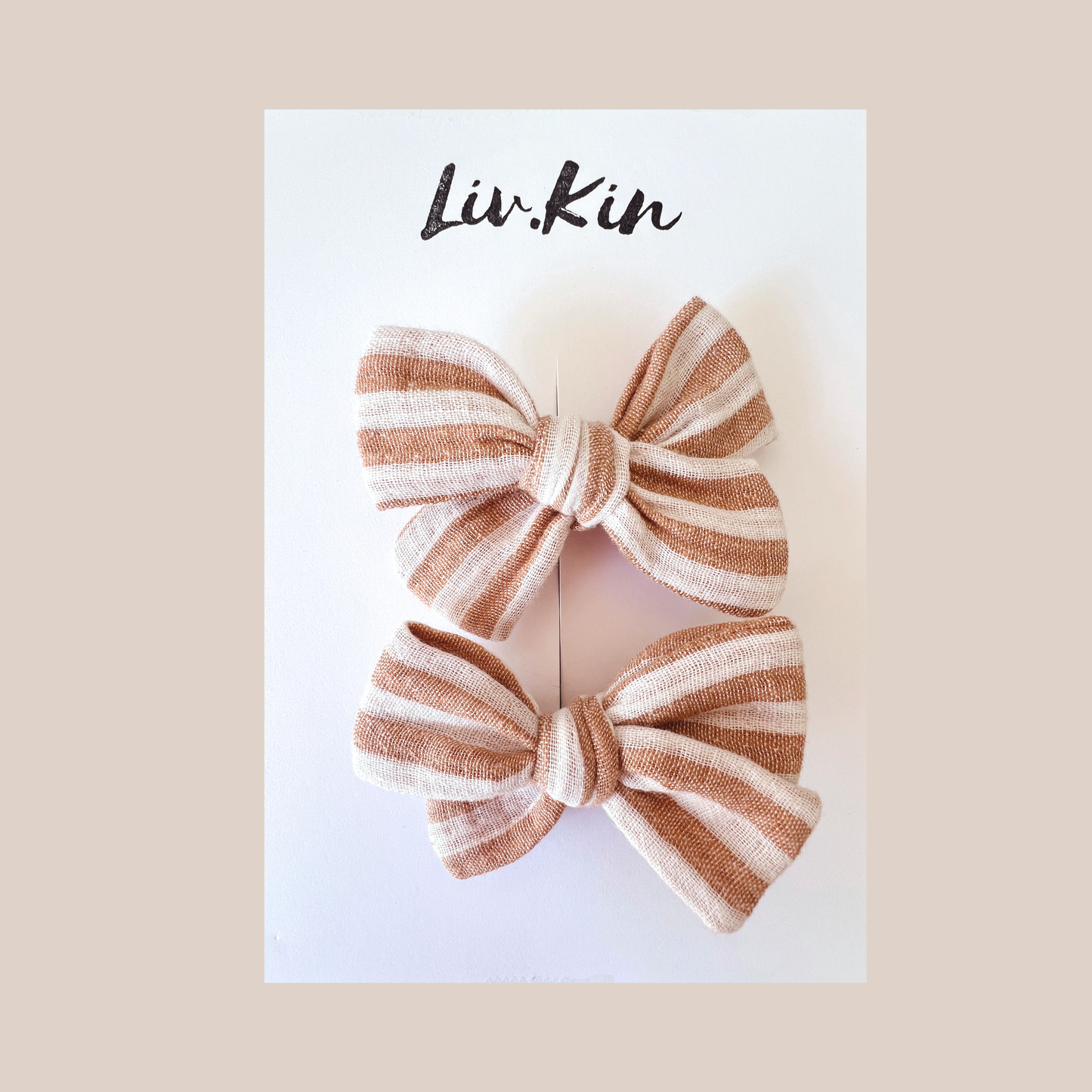 Pigtail Bow Set In Coffee Linen Stripe